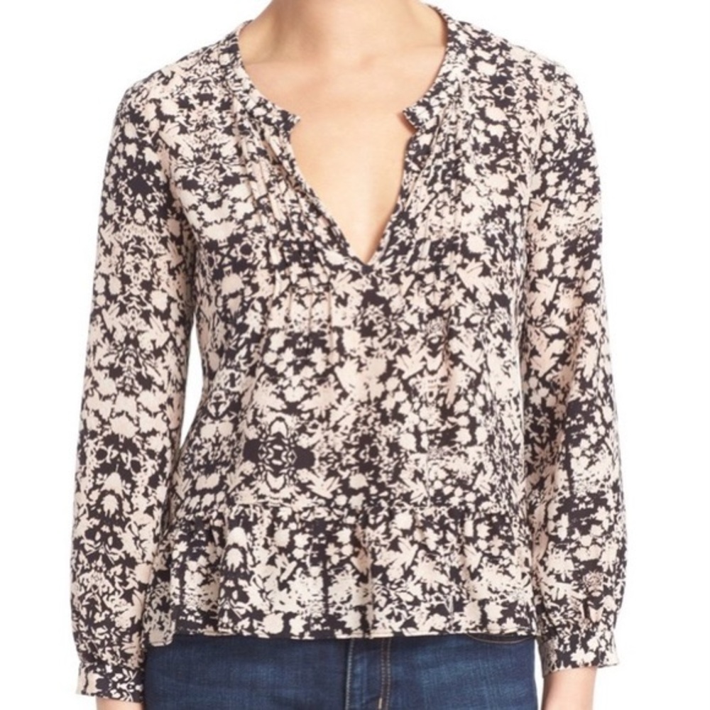 Rebecca Taylor Silk Potpourri Blouse Peplum Floral Pintuck Black Cream Size 12